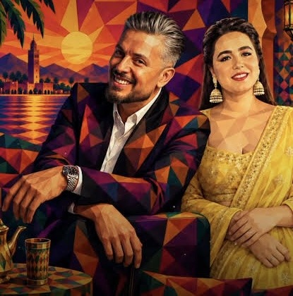 صورة ترويجية تجمع الفنان حاتم عمور والفنانة إكرام المزوري بخلفية فنية مغربية